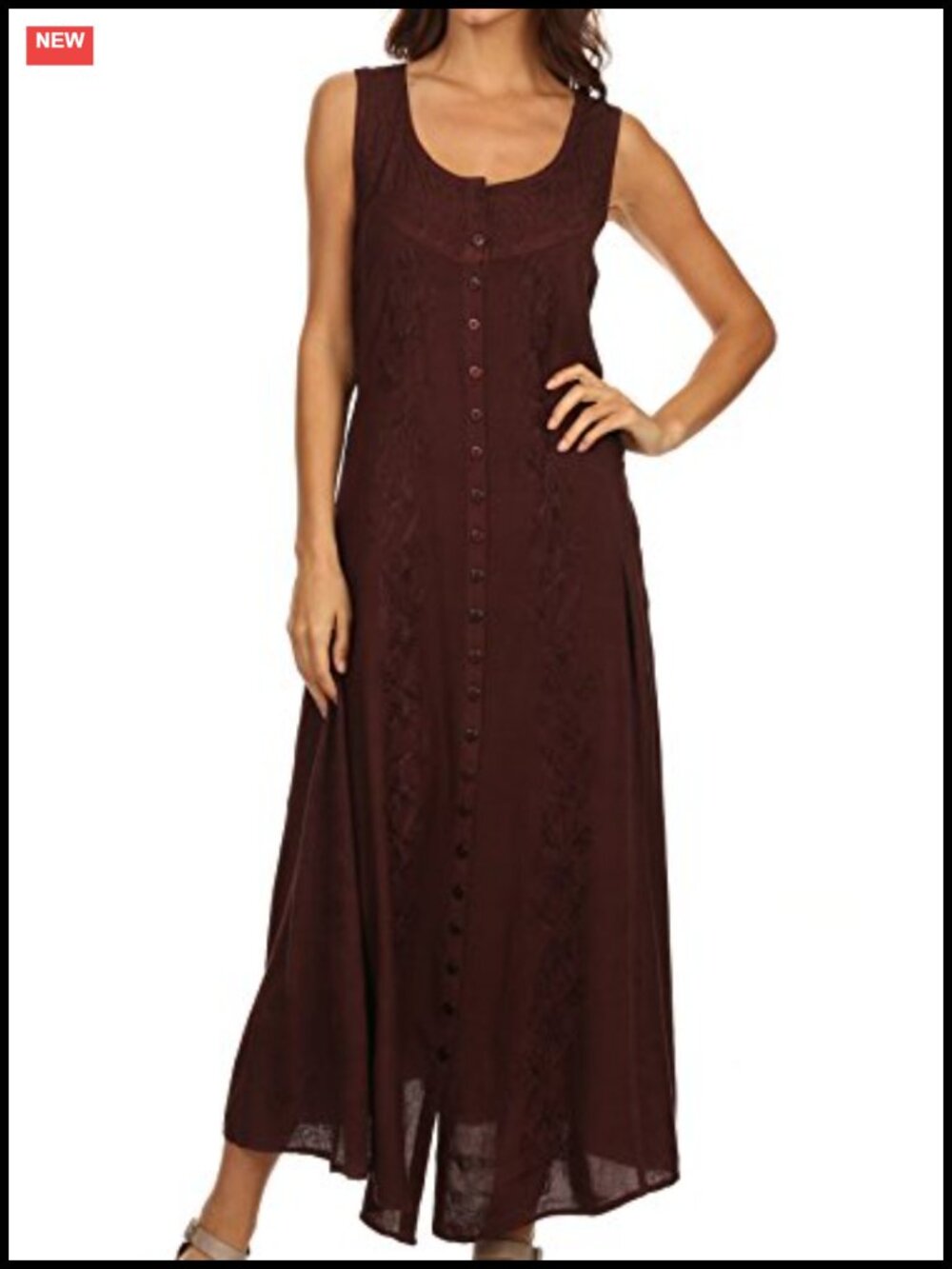 Sakkas Maya Sleeveless Floral Embroidered Button Up Rayon Maxi Dress